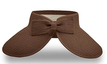 Straw Sun Visor for Women, Wide Brim UPF 50+ Protection Beach Hat, Adjustable, Roll Up Foldable Ponytail Cap with Chin Strap - color: Carmal
