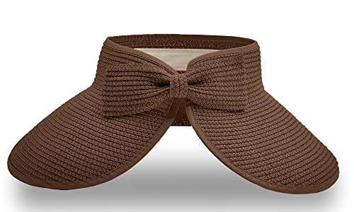 Straw Sun Visor for Women, Wide Brim UPF 50+ Protection Beach Hat, Adjustable, Roll Up Foldable Ponytail Cap with Chin Strap - color: Carmal