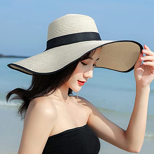 FSIGOM Women's Folable Floppy Hat,Wide Brim Sun Protection Straw Hat, Summer UV Protection Beach Cap - color: C1-e-beige2, size: Medium