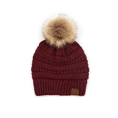 C.C Fur Pom Winter Fall Trendy Chunky Stretchy Cable Knit Beanie Hat - color: Snuggly Soft Berry Mix