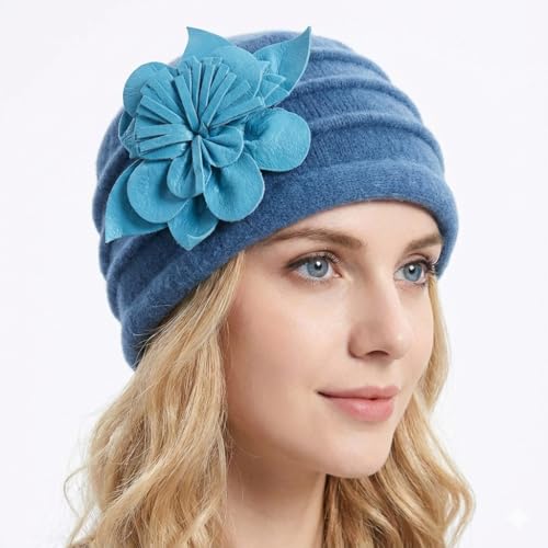 Women's Wool Dress Church Cloche Hat Bucket Winter Floral Hat - color: Floral-turquoise