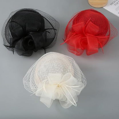 Women Sinamay Fascinator Hat Floral Feather Pillbox Derby Hats with Veil and Clips - color: Black