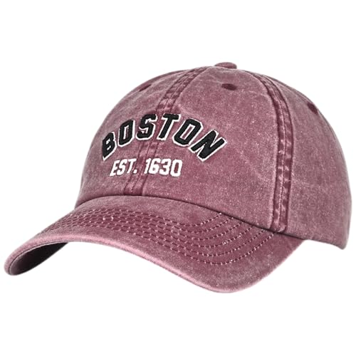 E BY ELIDAN Boston EST 1630 Dad Hat, Embroidered Cotton Baseball Cap - color: Vintage Burgundy