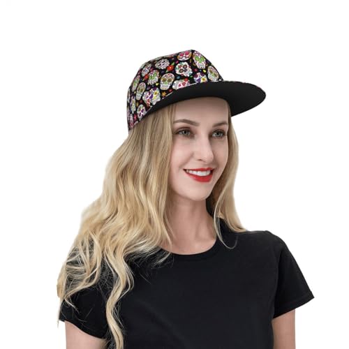 Skull Snapback Hat for Men Women, Stylish Flat Bill Hat Baseball Caps Adjustable Flat Brim Hip Hop Trucker Hats Sun Cap - color: Sugar Skull 13