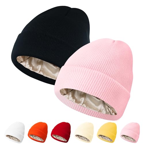 PFFY Womens Satin Lined Beanie Silk Lining Winter Hats Beanies for Women - color: Black+pink