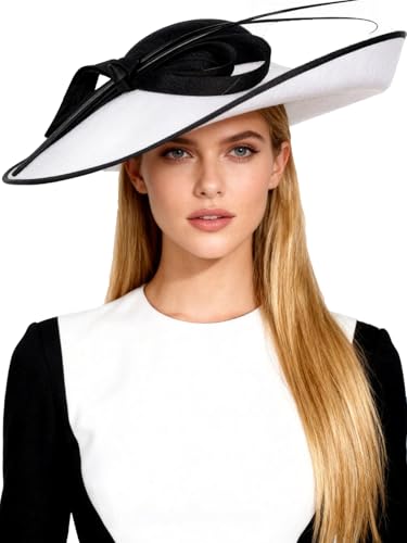 Big Wide Brim Fascinator Hats for Women Ladies Kentucky Tea Party Dress Flat Top Fedoras Hat with Bow Feather - color: Black With White