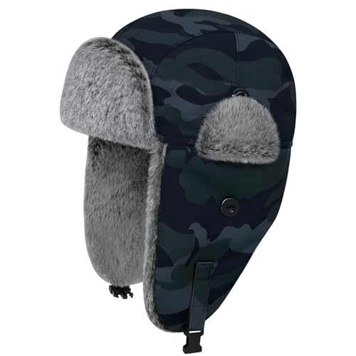Olreco Waterproof Toddler Winter Hat Warm Fur Fleece Baby Boy Winter Hat Kids Snow Hats Girls Boys Trapper Hats with Earflaps - color: Waterproof Navy Camo With Grey Fur, size: 6-24 Months