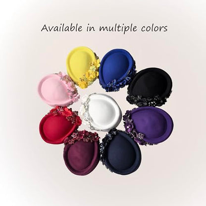Women's Retro British Felt Headscarf Hat Church Derby Headdress with Floral Women's Soft Beret - color: Navyblue