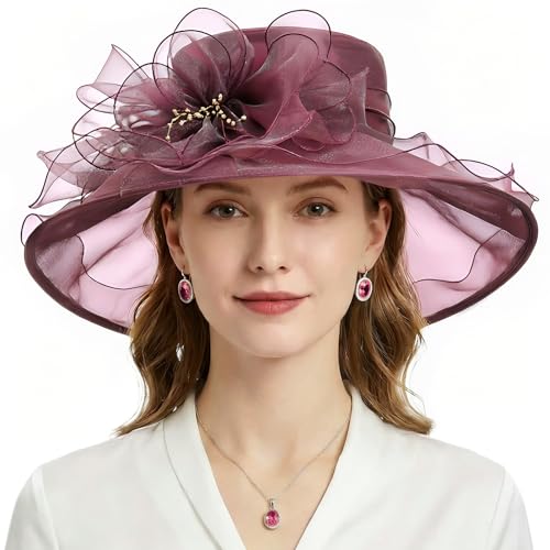 AQOKKA Women Organza Church Fascinators Kentucky Derby Hats for Women and Girls Wedding Flower Tea Party Hat with Wide Brim - color: Burgundy