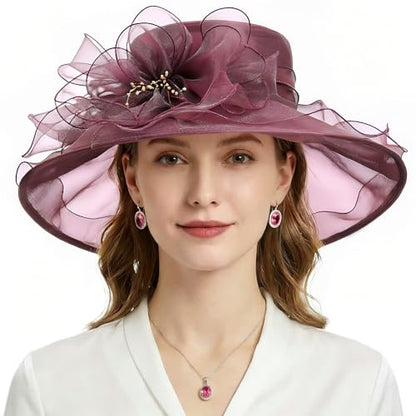 AQOKKA Women Organza Church Fascinators Kentucky Derby Hats for Women and Girls Wedding Flower Tea Party Hat with Wide Brim - color: Burgundy