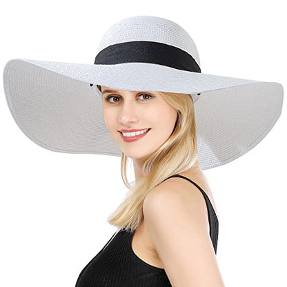 Lanzom Womens Wide Brim Straw Hat Big Floppy Foldable Roll up Cap Beach Sun Hat UPF 50+ - color: Bowknot-white