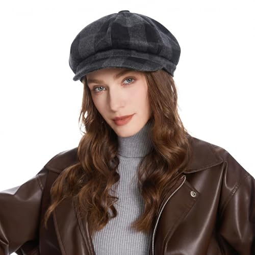ZLYC Women Classic Newsboy Cap Visor 8 Panel Gatsby Cabbie Paperboy Hat - color: Plaid Dark Gray