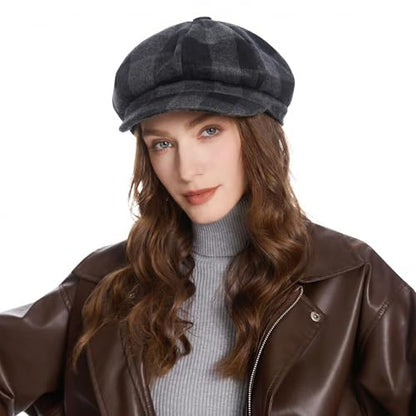 ZLYC Women Classic Newsboy Cap Visor 8 Panel Gatsby Cabbie Paperboy Hat - color: Plaid Dark Gray