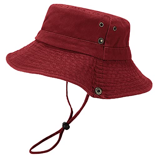 Unisex Cotton Boonie Hat Summer Fishing Bucket Hat Sun Hat with String - color: Solid Dark Red