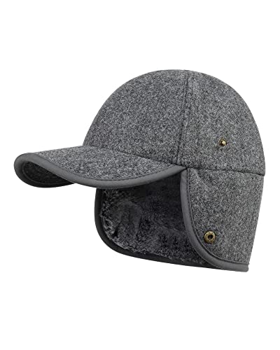 Gisdanchz Faux Fur Linen Wool Blend Baseball Cap with Folding Ear Flap, Super Warm Winter Cap for Cold Weather - color: Dark Heather Gray