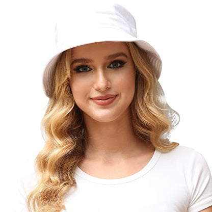 Women Reversible Bucket Hat, Summer Sun Hat for Women - color: White- White
