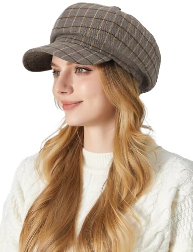 FEOYA Women Newsboy Hat Plaid Cabbie Caps Cotton Casual Stylish Beret Cap Paperboy Hats - color: Plaid-grey