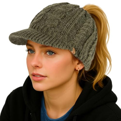ChicPony™ Merino Wool Visor Ponytail Beanie with Brim Fleece Lined 3 Bun Openings Hole Warm Windproof Knit Cap Winter Hat - color: Forest Olive(pony)