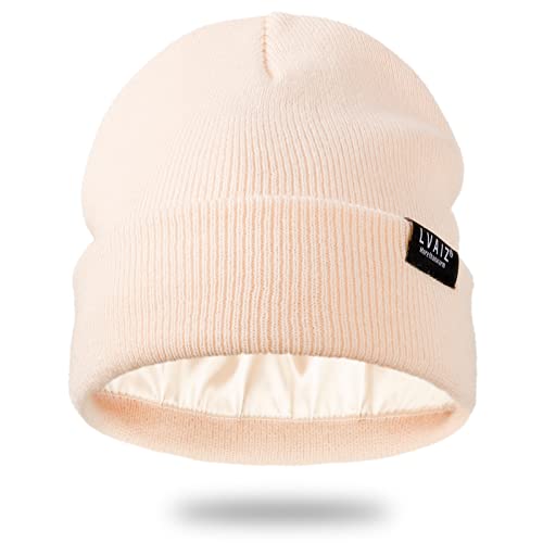 Satin Lined Winter Beanie Hats for Women Men Cotton Knitted Cuffed Knit Hat - color: Beige