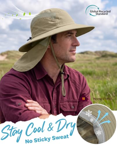Home Prefer UPF 50+ Sun Hat with Neck Flap Wide Brim Fishing Hat for Men - color: Light Vert Khaki