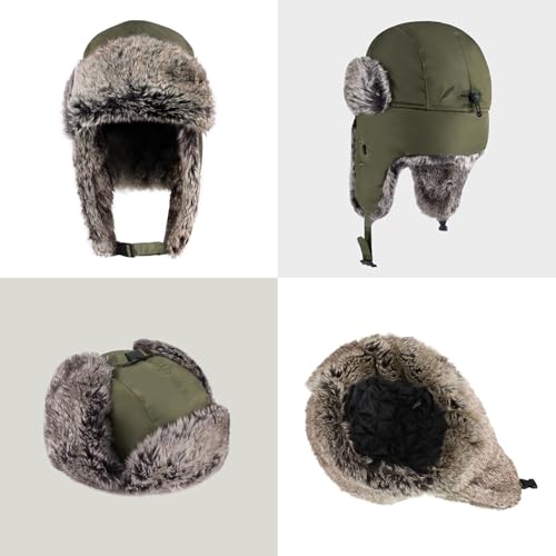Waterproof Winter Trapper Ushanka Hat Ear Flap Chin Strap, Russian Style - color: Arctic (Army Green)
