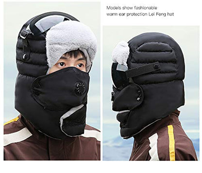Winter 3 in 1 Thermal Fur Lined Trapper Hat with Ear Flap Full Face Warmer Cover Windproof Cycling Motorcycle Headwear - color: Black Fur Cap+black Windproof Glasses