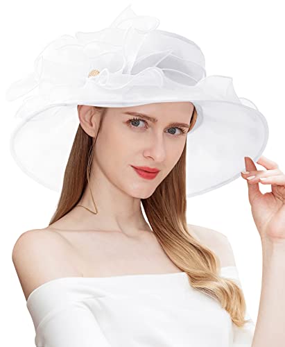 Women Derby Fascinator Hat Organza Church Wedding Hats Wide Brim Cocktail Tea Party Hat - color: 14 White