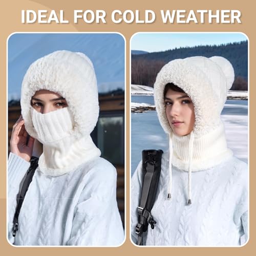 Women’s Knitted Beanie Hat with Face Cover - 3 in 1 Winter Balaclava with Mask Scarf Ear Muffs Pompom Fleece Lined Snow Caps - color: Brown-b