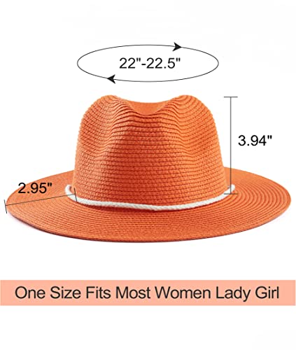 Women Straw Fedora Hat Summer Panama Beach Sun Hats UV UPF50+ Cap - color: Orange