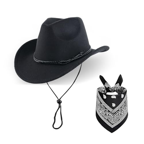Classic Western Cowboy Hat, Unisex Felt Cowboy hat with Wide Brim and Band, Ideal for Rodeos, Costume Parties, Outdoor Wear - color: Black3