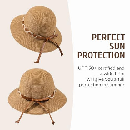 Beach Hat for Women, Wide Brim Sun Straw, UPF 50+ Foldable Floppy Sun Hat - color: E-khaki