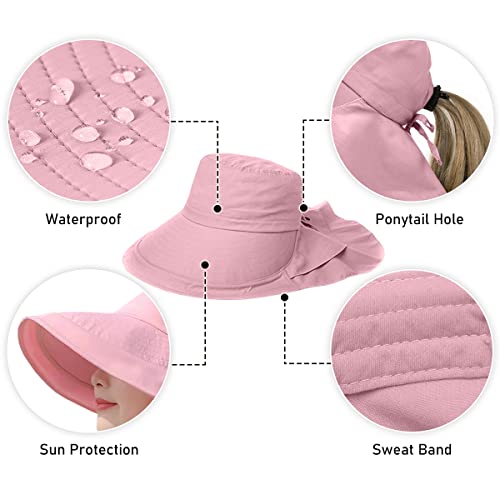 Womens Sun Hat UPF 50+ Wide Brim and Ponytail Hole, Hiking Safari Hat with Neck Flap… - color: Pink