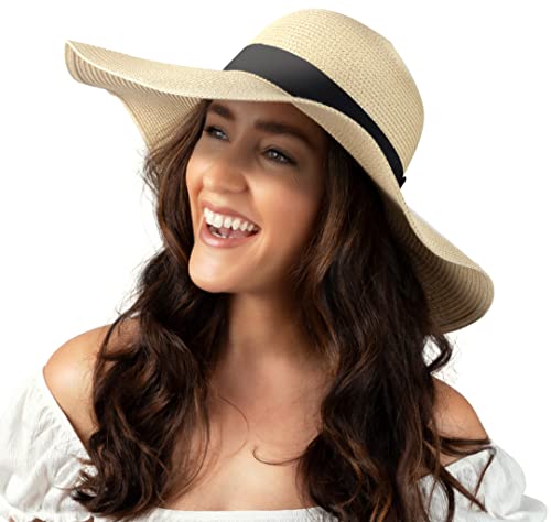 Women Floppy Sun Hat with Wide Brim—Foldable Roll-Up Straw Beach Hat UPF 50 - color: Beige, size: Large