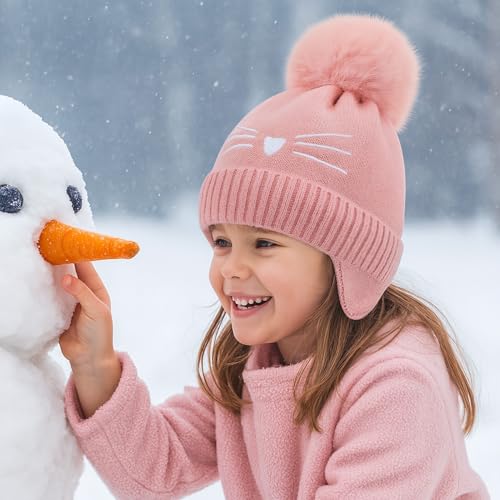 Girls Beanie Knit Hat with Ear Flaps Rainbow Cat Hats Toddler Kids Winter Outdoor Skull Snow Ski Cap Age 2-10 - color: Pink, size: 5-10 Years