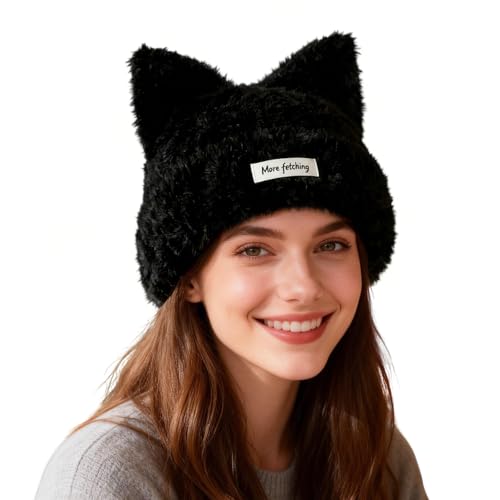 Cat Ear Beanie Hats for Women Knitted Beanie Fox Skull Cap Warm Cute Furry Fuzzy Fluffy Winter Crochet Snow Hat - color: Black
