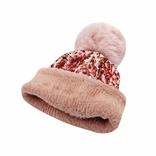 Women Sparkly Sequins Knitted Beanie Hat Warm Winter Skull Cap with Faux Fur Pom Pom - color: Pink