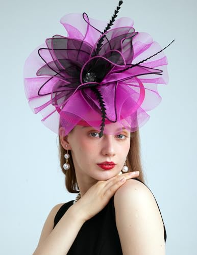 Women Organza Derby Hat Fascinator Tea Party Wedding Church Derby Hat Fascinator Hats Dual-use - color: 02a Rose Red