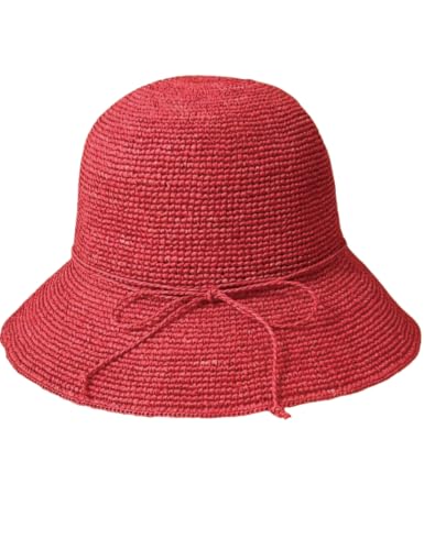 KORADI Women Raffia Beach Hat Natural Raffia Straw Bucket Hat Handwoven Foldable Sun Hats Wide Brim Summer Travel Cap - color: Red