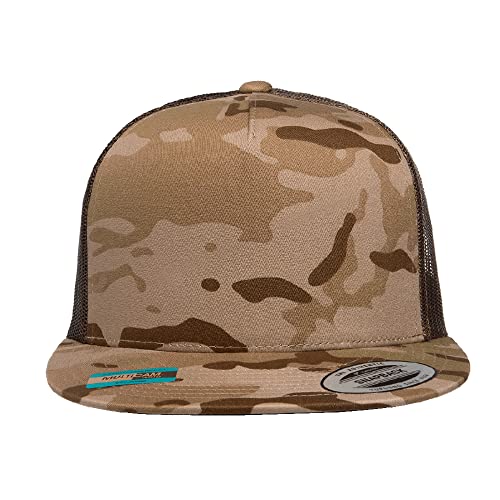 Yupoong 5-Panel YP Classic Trucker Cap | High Profile Flat Visor Snapback - color: Multicam Arid Brown