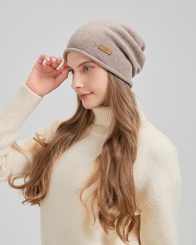 100% Merino Wool Slouchy Beanie Hat, Women Warm Winter Caps Soft, Ladies Breathable & Cozy Stretchy Knitted Skull Cap - color: Light Camel