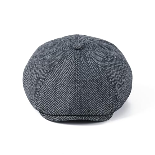 VOBOOM Men Wool Blend 8 Panel Newsboy Cap Tweed Hat - color: Herringbone Grey