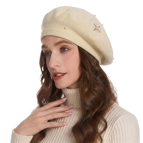 ZLYC Women French Beret Hat Reversible Knit Thickened Warm Artist Cap - color: Plain Beige