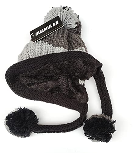 HUAMULAN Women Winter Sherpa Knit Beanie Hat Fleece Lined Ear Flaps - color: Grey Black