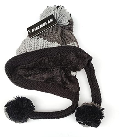 HUAMULAN Women Winter Sherpa Knit Beanie Hat Fleece Lined Ear Flaps - color: Grey Black