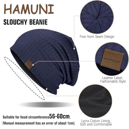 HAMUNI Slouchy Beanie for Men Women Soft Lightweight Chemo Headwear - color: Dark Blue