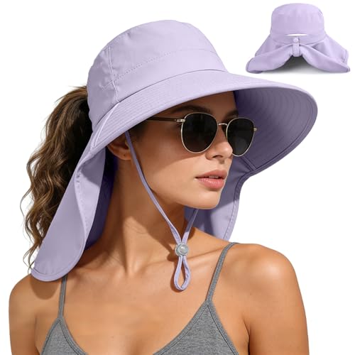 Ruqizhi Sun Hats for Women with Neck Flap Ponytail Hole Women Sun Hats Rollable UV Protection Fishing Hats Wide Brim UPF 50+ - color: Purple