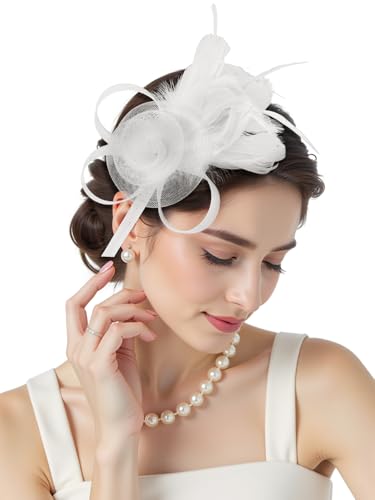 Fascinators Hats for Girls and Women Feather Tea Party Hats Weddinh Mesh Hat with Headband and Clip - color: White
