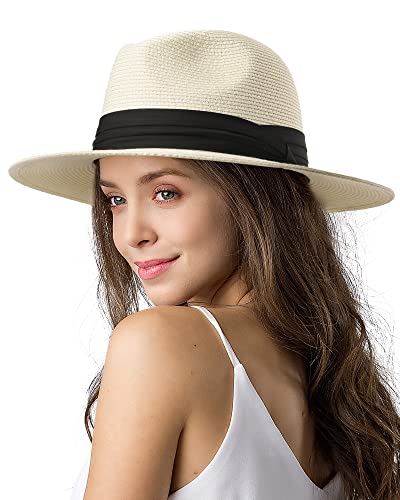 FURTALK Womens Mens Wide Brim Straw Panama Hat Fedora Summer Beach Sun Hat - color: Ac-cream White, size: Medium-Large