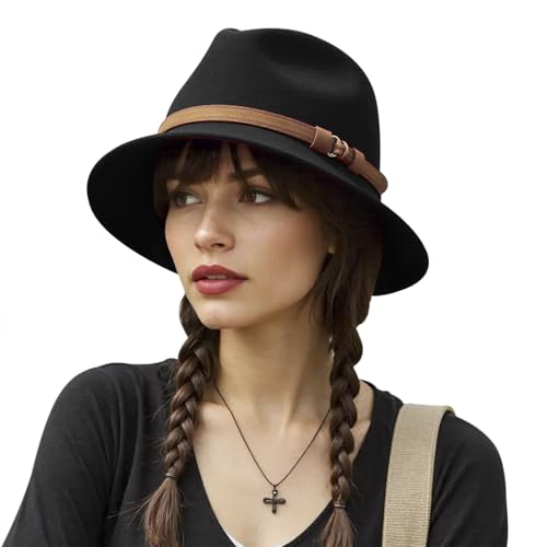 PURFUN Vintage Feather Felt Fedora Hat for Men Women Classic Short Brim Jazz Dance Party Wedding Trilby Bowler Panama Hat - color: Leather Band/Black