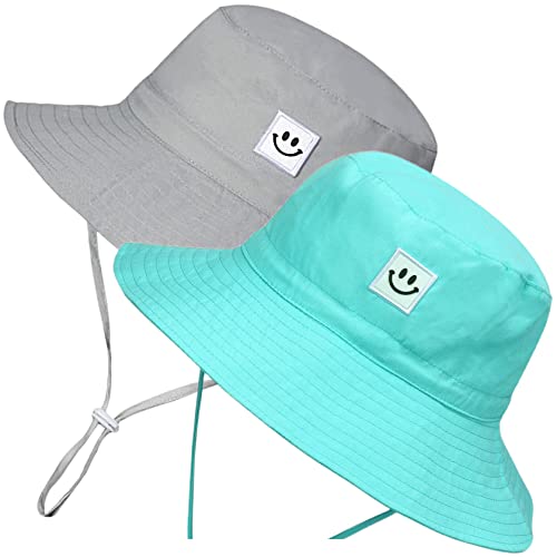 55cube Baby & Toddler Sun Hat UPF 50+ Bucket Hat with Chin Strap - color: 2pack Grey/Aquamarine, size: 0-6 Months
